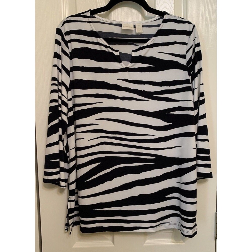 Chicos Size 2 Womens Large Top Black White Zebra Print 3/4 Sleeves